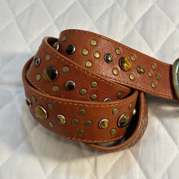 Michael Kors Brown Boho Wide Genuine Leather Beaded Studded Belt Buckle Size L - Picture 4 of 12
